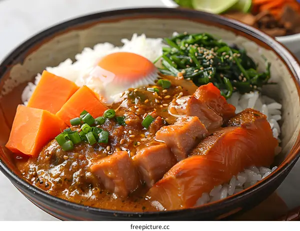 A bowl of rice with salmon and vegetables