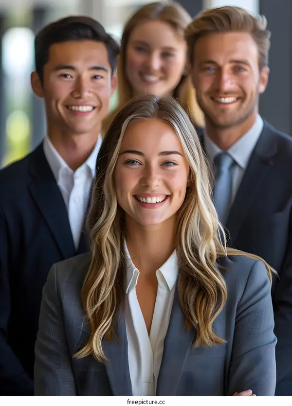 Four business people in suits smiling at the camera