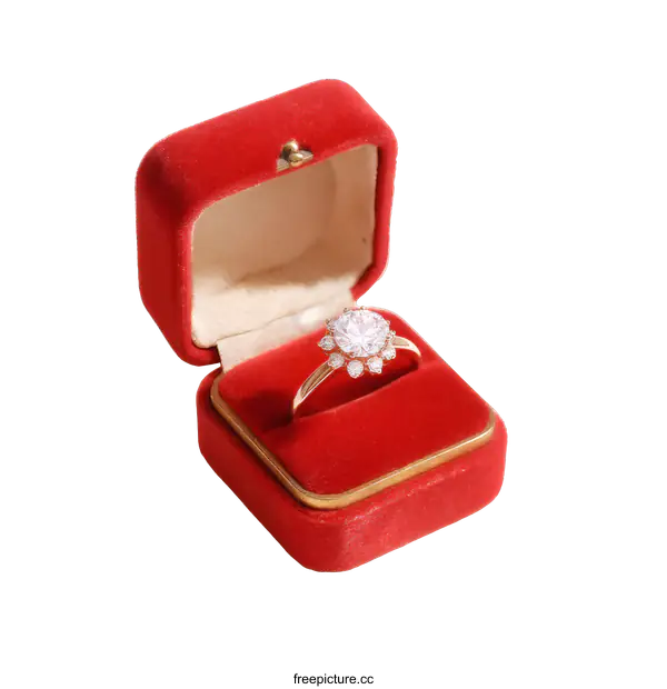 [Transparent Background PNG]Diamond Engagement Ring in Red Velvet Box