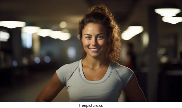 Portrait of a young woman smiling in a dimly lit room