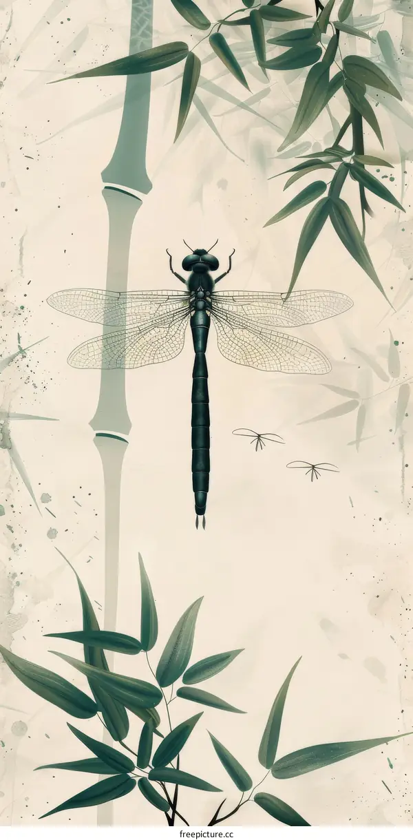 Dragonfly Perched on Bamboo Stalk