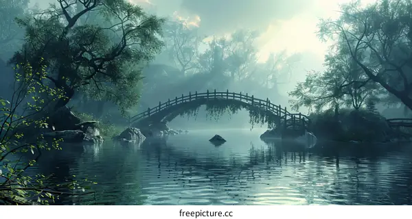 Misty Forest Lake with Wooden Bridge