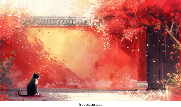 A black cat sitting in a courtyard with red walls and a red tree
