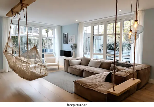 Modern Living Room with Hammock and Hanging Lights