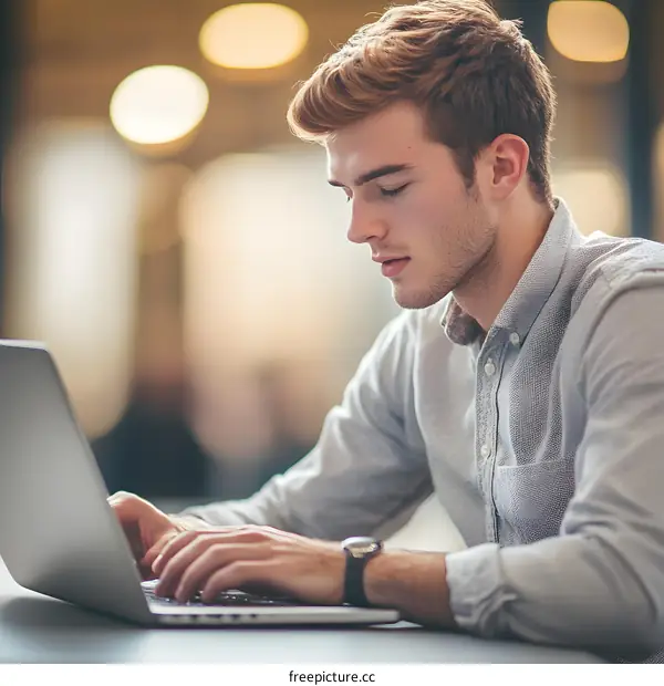 Young Man Working on Laptop in Office