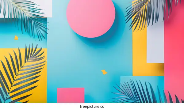 Summer Tropical Background with Palm Leaves and Colorful Shapes