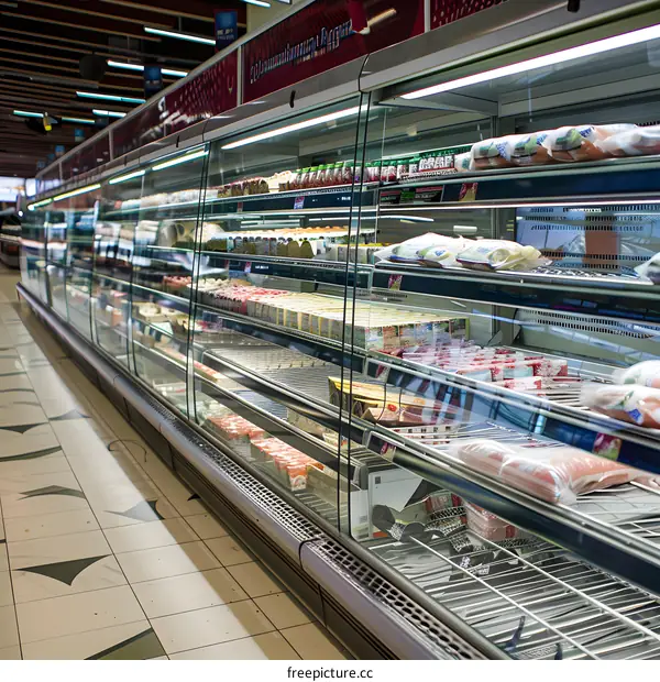 Refrigerated Display Case Filled with Food Products in a Supermarket