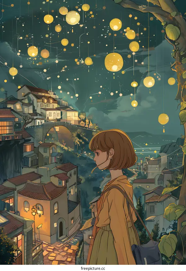 Girl Standing on a Hilltop Looking at a Town with Lights
