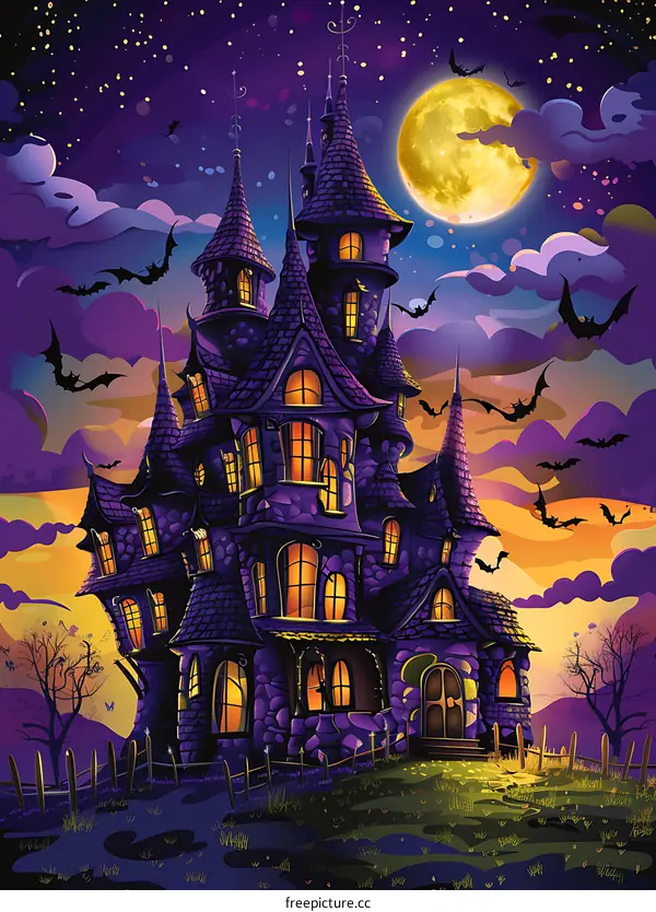 Haunted House With Full Moon And Bats