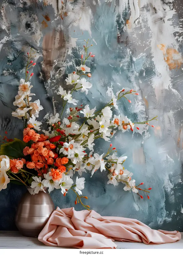 Floral Arrangement with Peach and White Flowers in a Silver Vase Against a Blue Textured Background