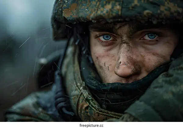 Portrait of a soldier in the rain