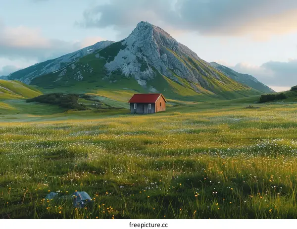 Small wooden house in the middle of a green field with a large rocky mountain in the background