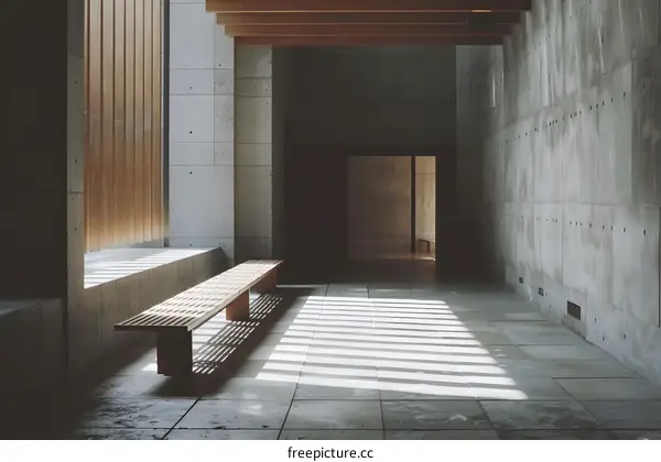 Modern Architecture with Wooden Bench and Light Streaks