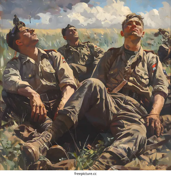 Three soldiers relaxing in a field