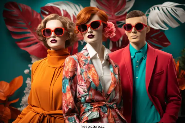 Three mannequins with red sunglasses