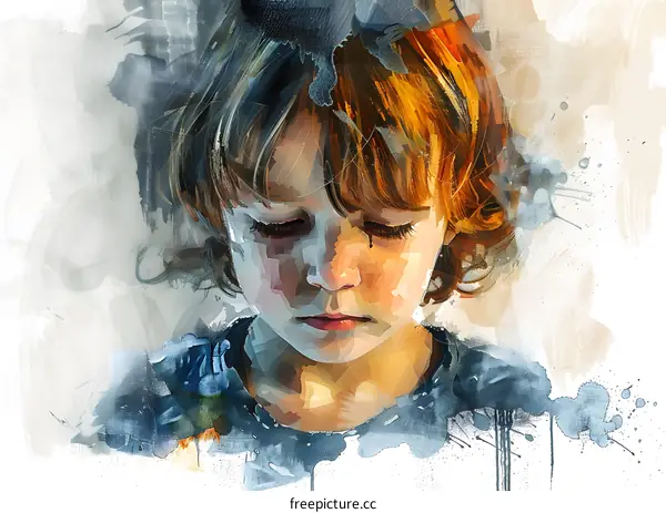 watercolor painting of a sad looking boy with red hair