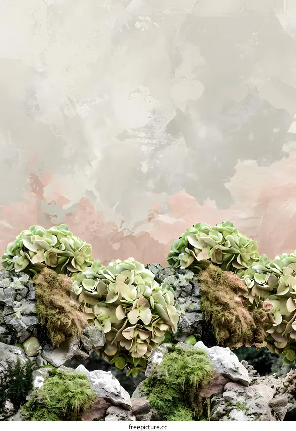 Green Hydrangea Flowers on Rocks with Watercolor Background