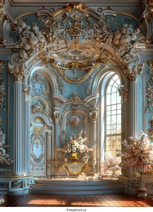 French Palace Interior with Blue and Gold Accents