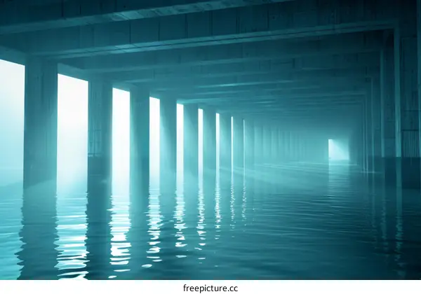 Flooded concrete building interior water reflects light