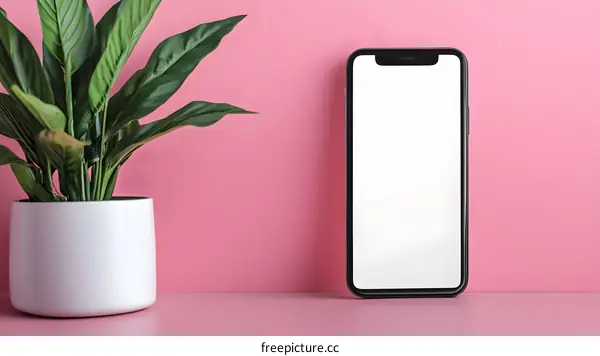 Modern Smartphone Mockup with Plant on Pink Background