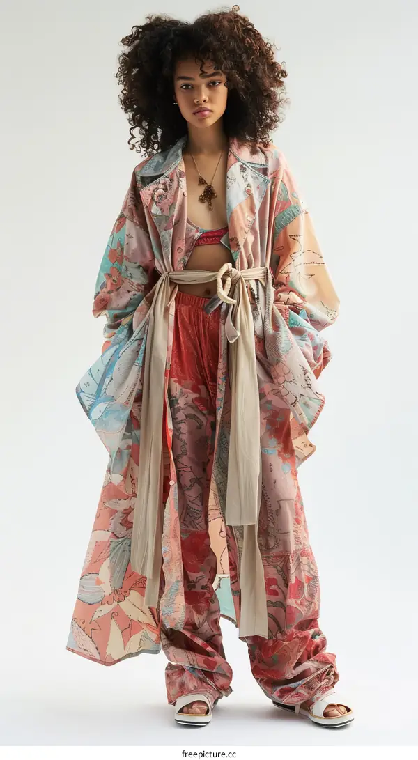 A model wearing a long floral coat with a matching pants and a bra