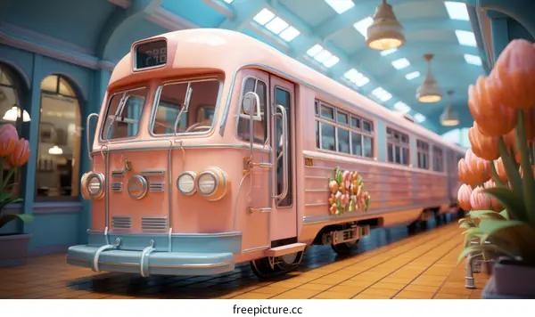 A pink and blue retro tram in a station