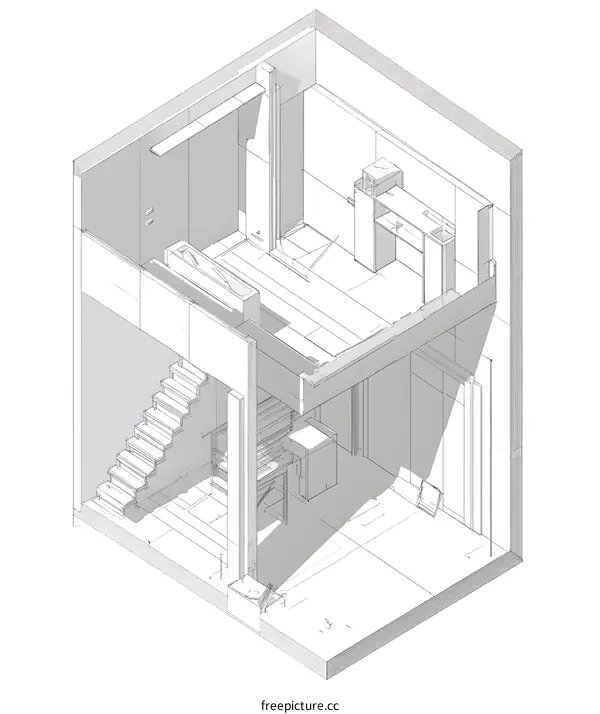 Isometric Sketch of a Modern Home Design with a Loft