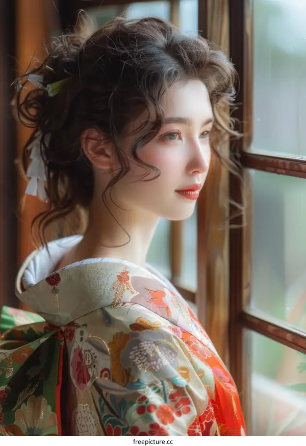 Japanese Woman Wearing Traditional Kimono Standing Near a Window