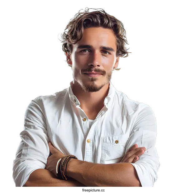 [Transparent Background PNG]Portrait of a handsome young man with beard and wavy hair