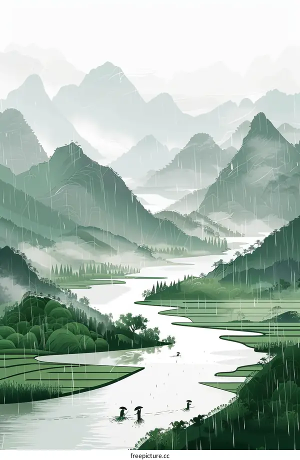 Asian farmers working in the paddy field during the rain