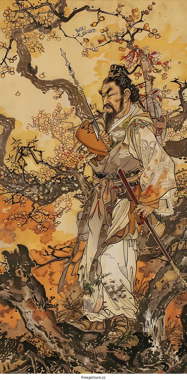 Ancient Japanese Painting of a Warrior Standing in a Garden
