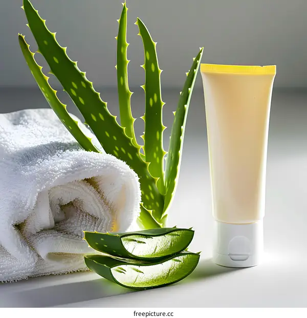 Aloe Vera Plant with Cream Tube and White Towel for Skin Care