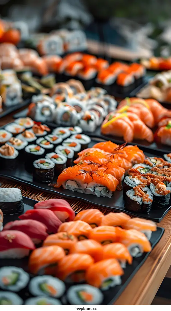 A Large Variety of Sushi on a Table
