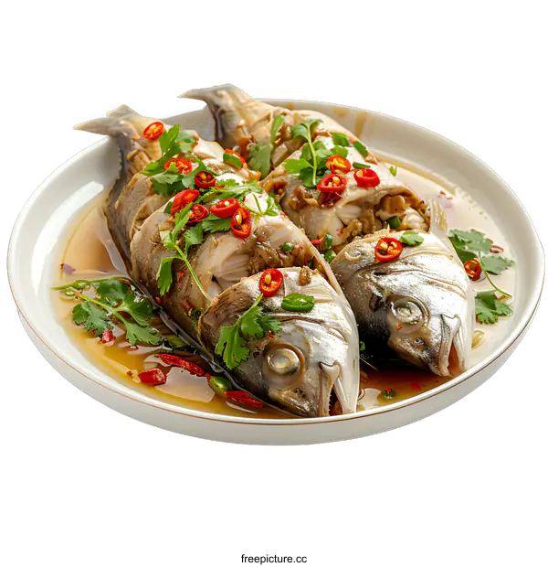 [Transparent Background PNG]Steamed Fish with Chili and Cilantro on a White Plate