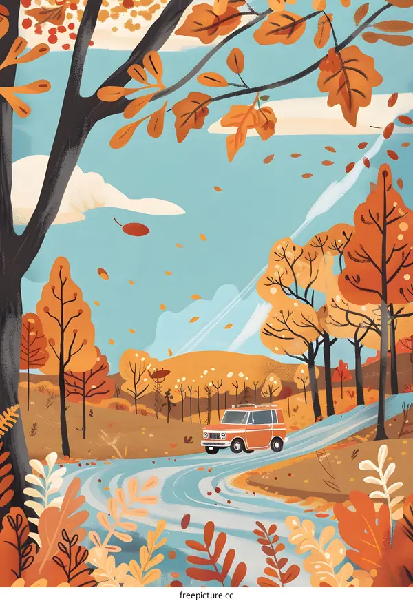 Autumn Landscape with Car and Falling Leaves Illustration