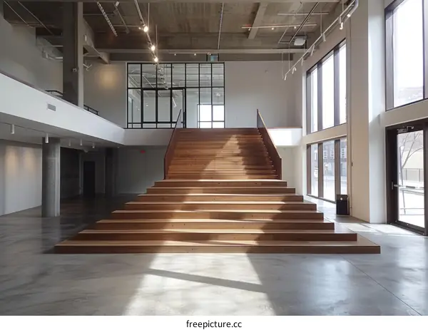 Wooden bleachers in an open room with large windows