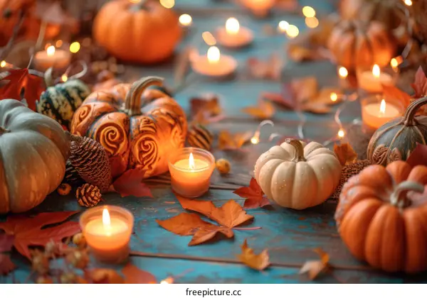 A beautiful still life of pumpkins and candles.
