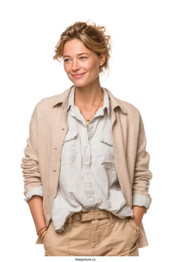 [Transparent Background PNG]Elegant Woman in Casual Beige Outfit