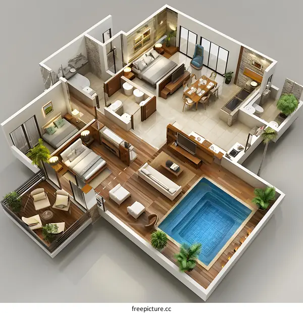 Modern apartment with indoor pool and balcony