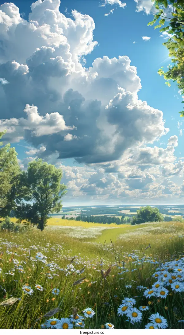 White flowers bloom on the hillside