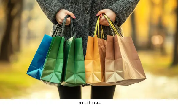 Woman Holding Shopping Bags in Autumn Park