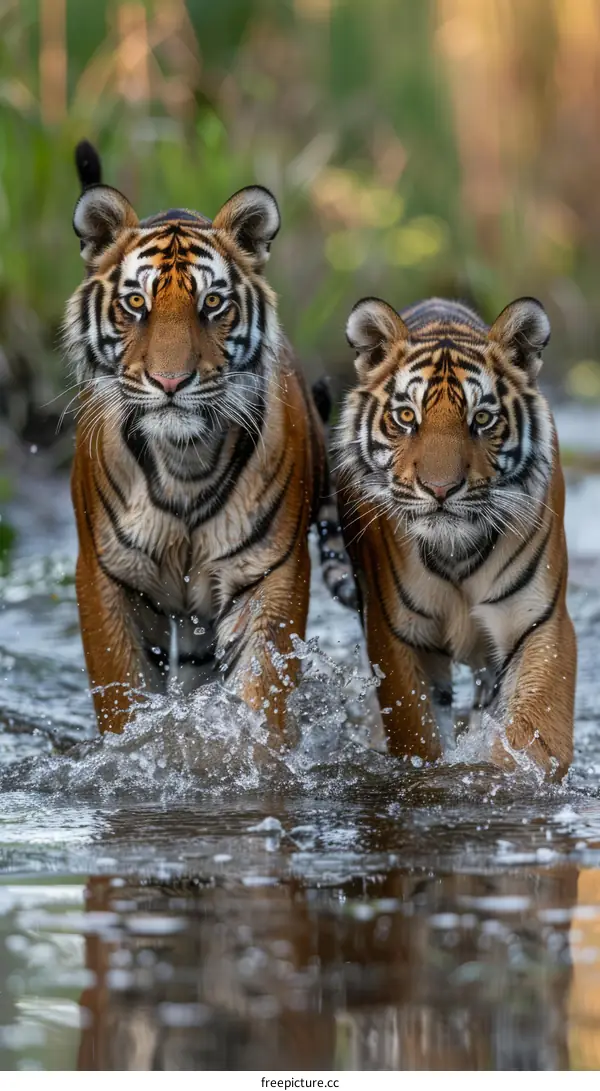 Two tigers walking in the water