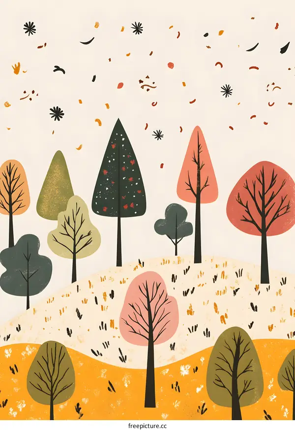 Autumn Forest Illustration With Simple Trees and Confetti