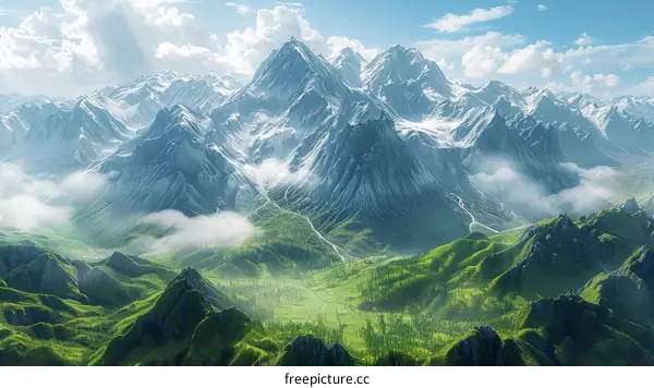 A snow-capped mountain range emerges from a lush valley