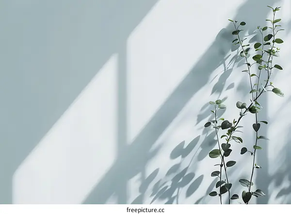Simple Green Leaves with Light and Shadow on White Wall
