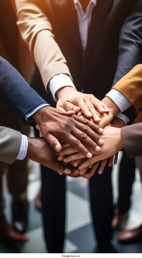 Multiracial business team joining hands together in unity and teamwork