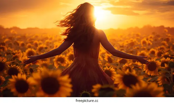 carefree woman standing in a field of sunflowers at sunset