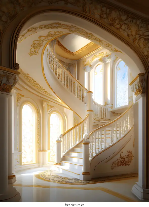White and Gold Spiral Staircase in a Grand Hall