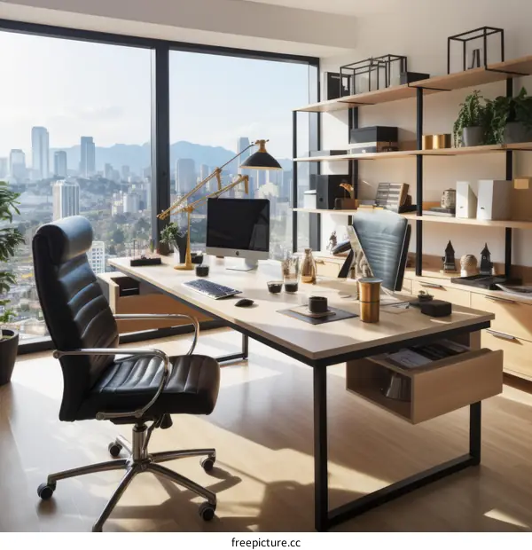 A Modern Office with a Large Desk, Comfortable Chair, and City Views