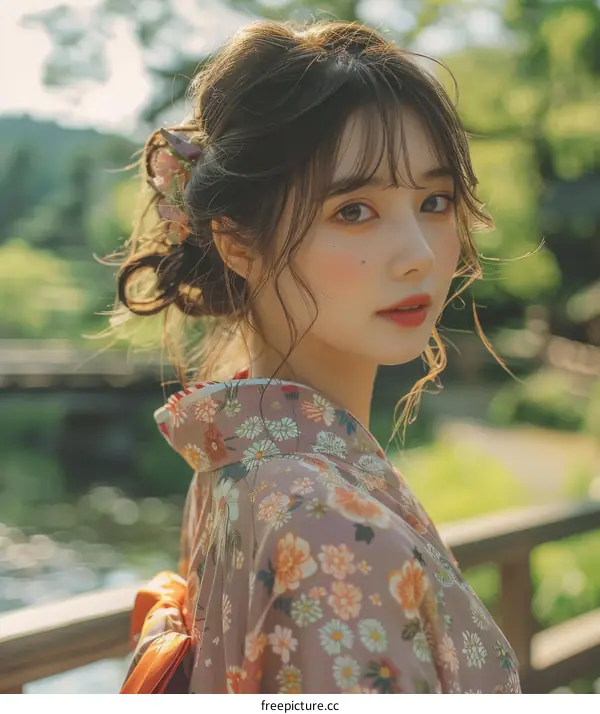 Young Japanese Woman in Kimono on Bridge